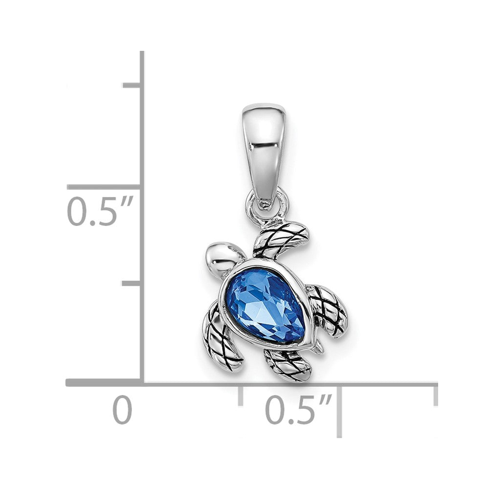 Sterling Silver Rhodium Plated Antiqued Crystal Sep Birthstone Turtle Pendant