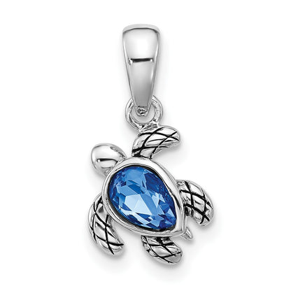 Sterling Silver Rhodium Plated Antiqued Crystal Sep Birthstone Turtle Pendant