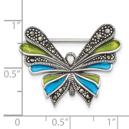 Sterling Silver Antiqued Marcasite and Green/blue Epoxy Butterfly Pin