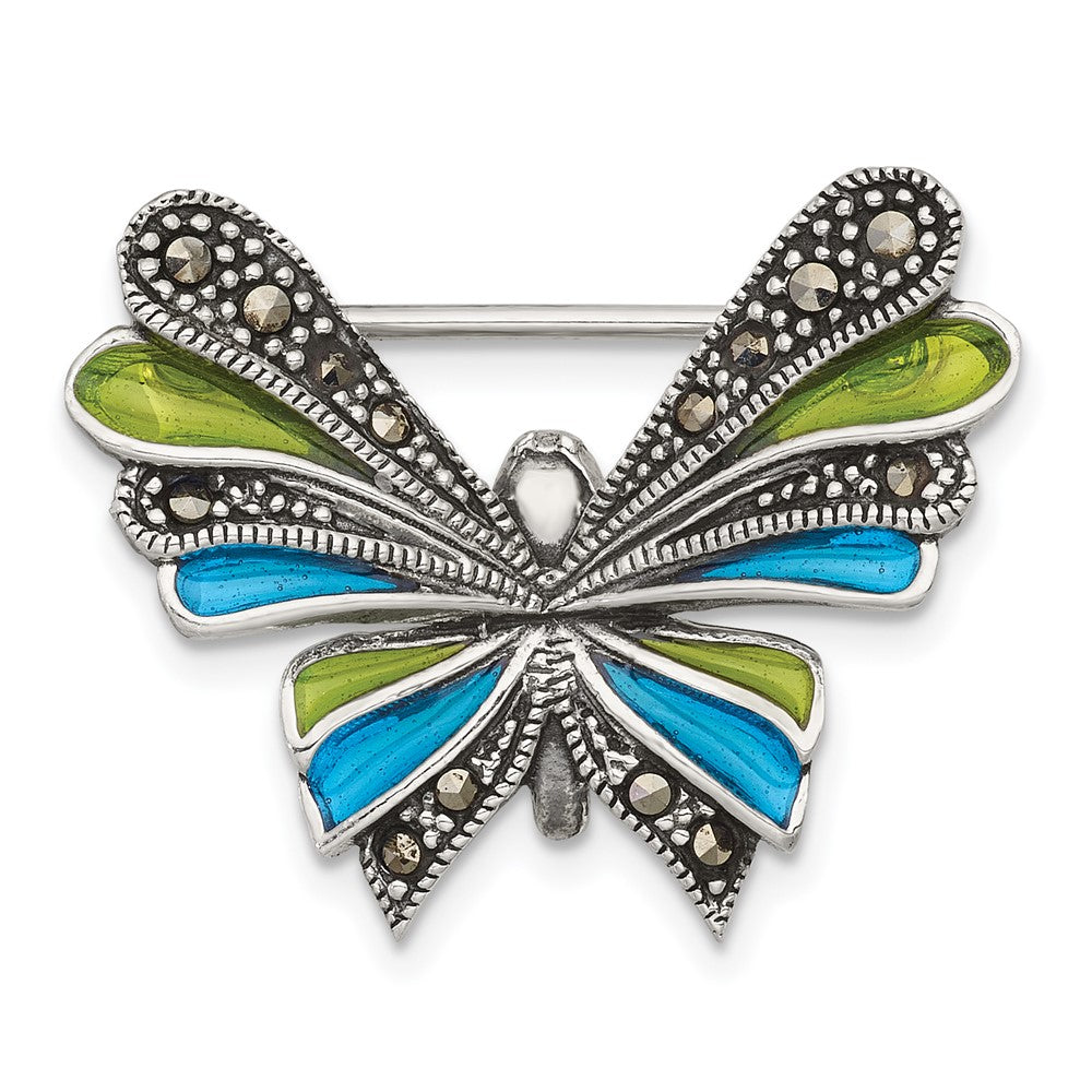 Sterling Silver Antiqued Marcasite and Green/blue Epoxy Butterfly Pin