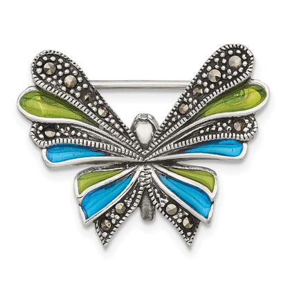 Sterling Silver Antiqued Marcasite and Green/blue Epoxy Butterfly Pin