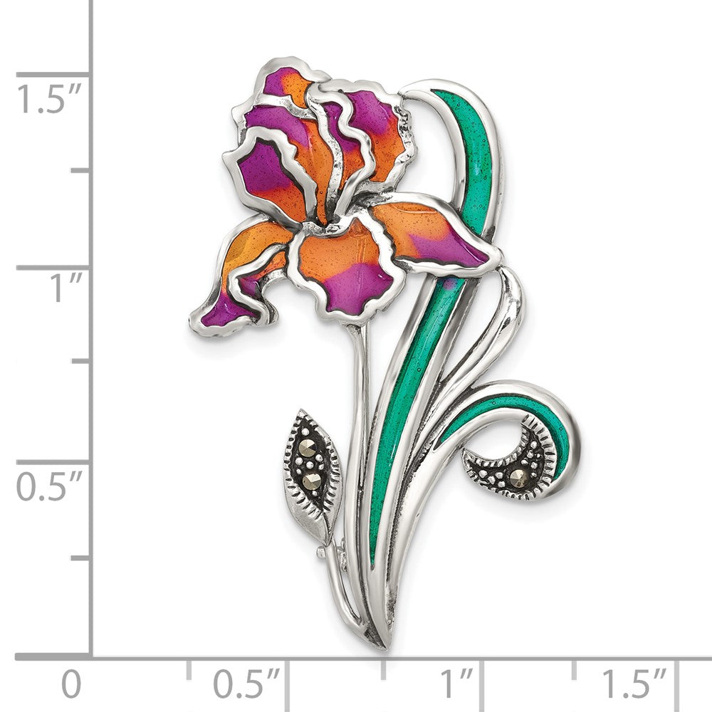 Sterling Silver Antiqued Marcasite Purple/yellow Epoxy Iris Floral Pin