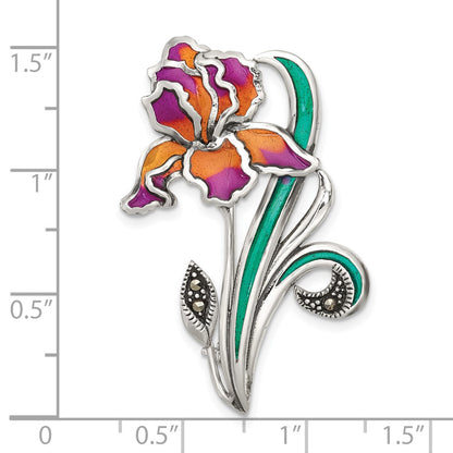 Sterling Silver Antiqued Marcasite Purple/yellow Epoxy Iris Floral Pin