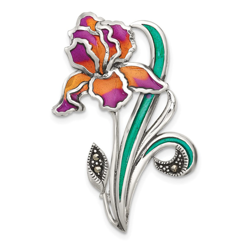 Sterling Silver Antiqued Marcasite Purple/yellow Epoxy Iris Floral Pin