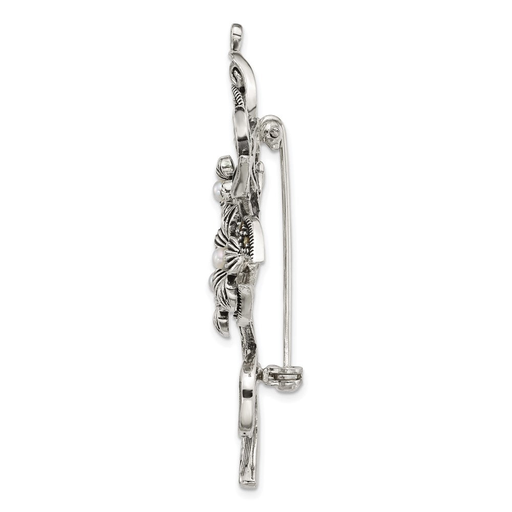 Sterling Silver Antiqued Marcasite Fwc Pearl and Green Epoxy Floral Pin