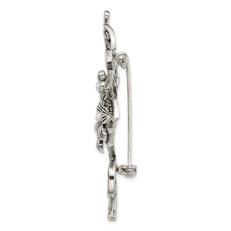 Sterling Silver Antiqued Marcasite Fwc Pearl and Green Epoxy Floral Pin