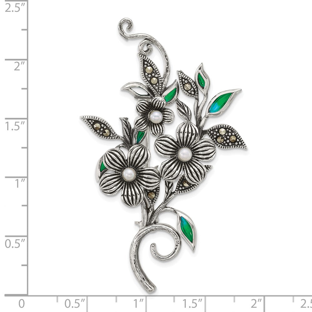 Sterling Silver Antiqued Marcasite Fwc Pearl and Green Epoxy Floral Pin