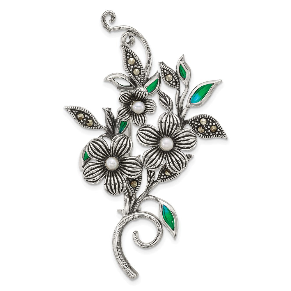 Sterling Silver Antiqued Marcasite Fwc Pearl and Green Epoxy Floral Pin