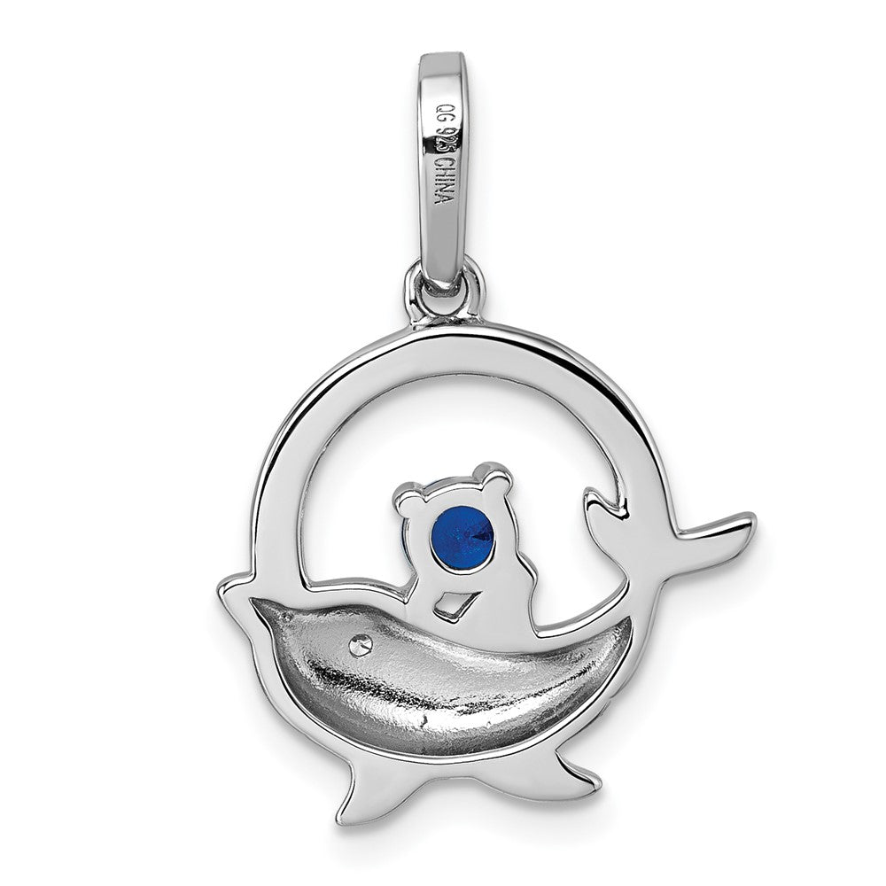 Sterling Silver Rhodium-Plated Blue and White CZ Dolphin Pendant
