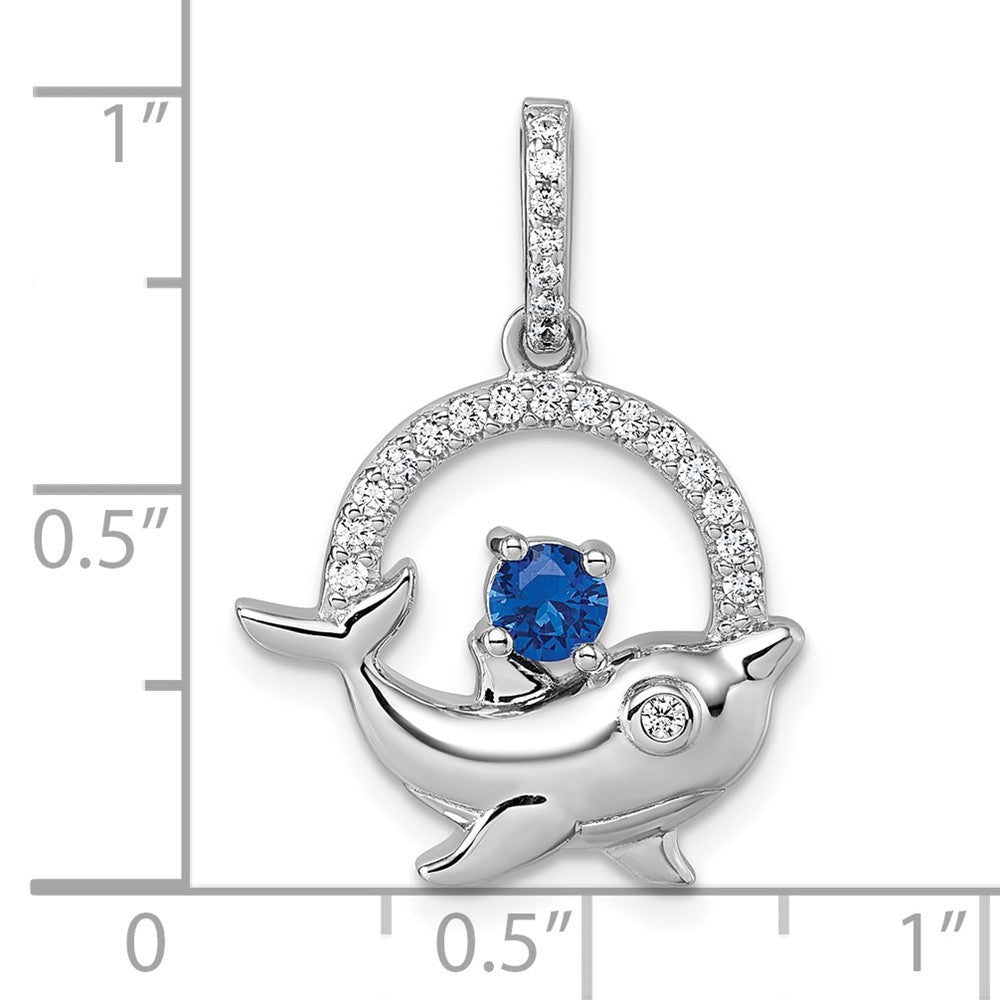 Sterling Silver Rhodium-Plated Blue and White CZ Dolphin Pendant