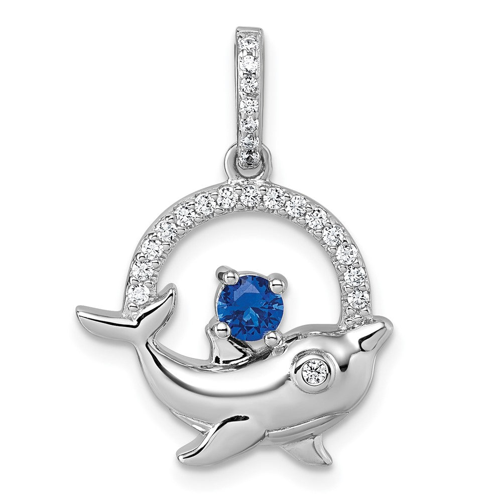 Sterling Silver Rhodium-Plated Blue and White CZ Dolphin Pendant