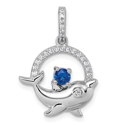Sterling Silver Rhodium-Plated Blue and White CZ Dolphin Pendant