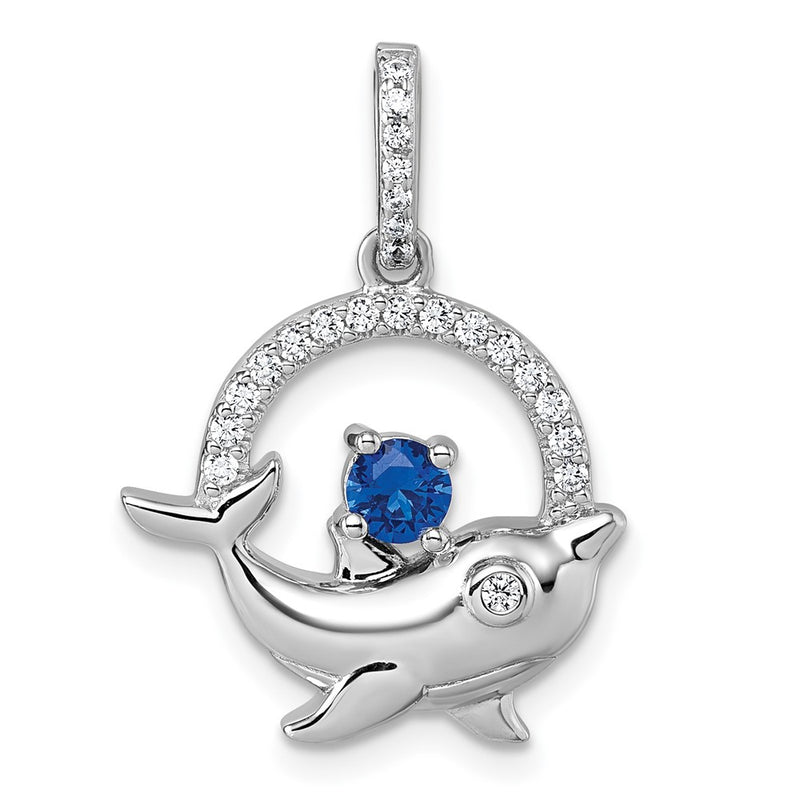 Sterling Silver Rhodium-Plated Blue and White CZ Dolphin Pendant
