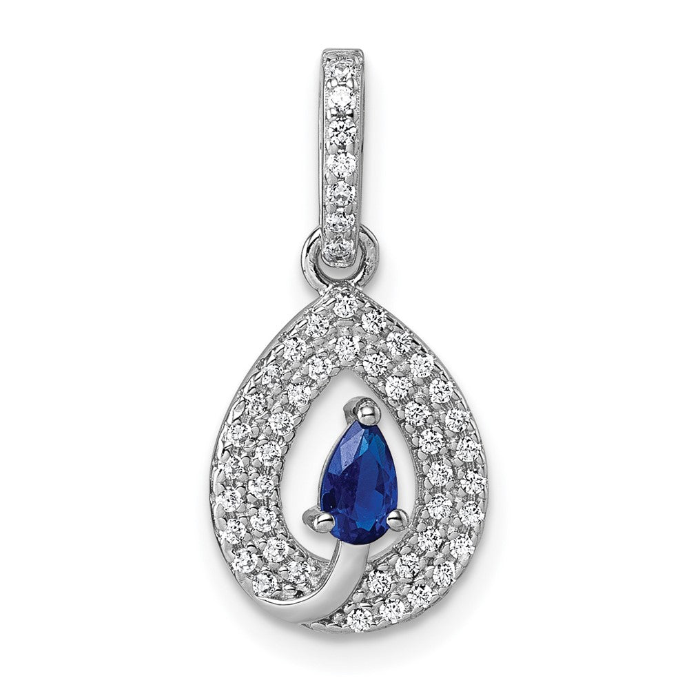 Sterling Silver Rhodium-Plated Blue and White CZ Teardrop Pendant