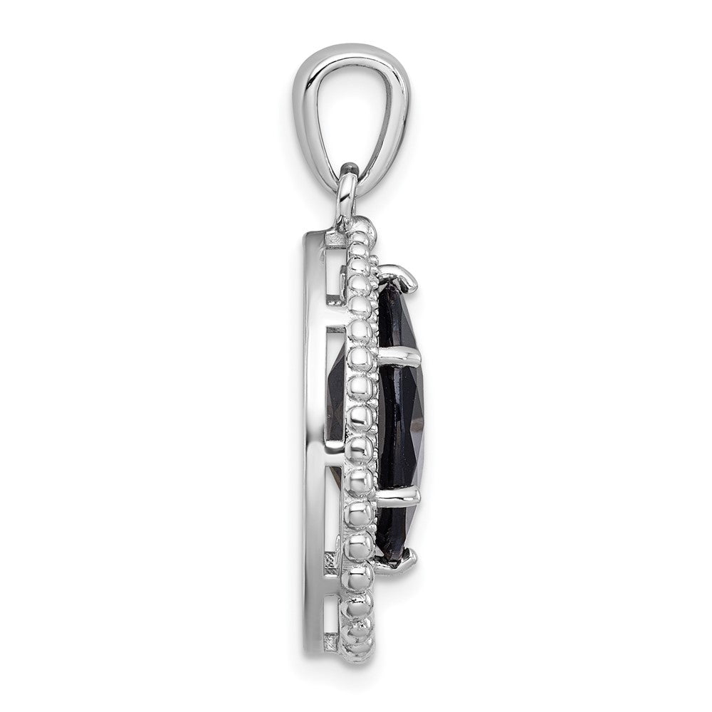 Sterling Silver Rhodium Plated Polished and Beaded Fancy Black Onyx Oval Pendant