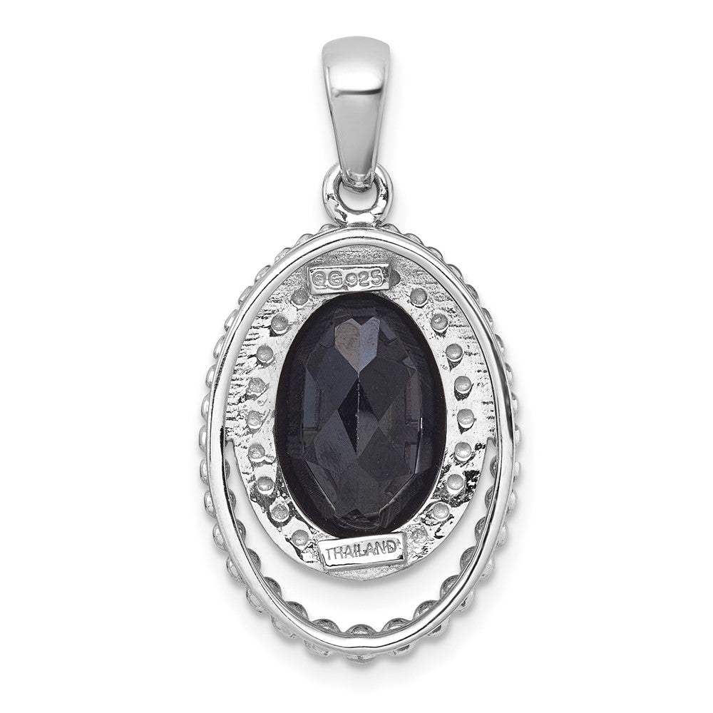 Sterling Silver Rhodium Plated Polished and Beaded Fancy Black Onyx Oval Pendant