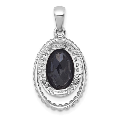 Sterling Silver Rhodium Plated Polished and Beaded Fancy Black Onyx Oval Pendant