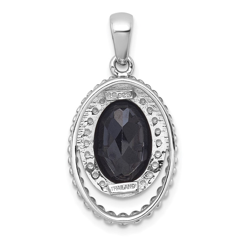 Sterling Silver Rhodium Plated Polished and Beaded Fancy Black Onyx Oval Pendant