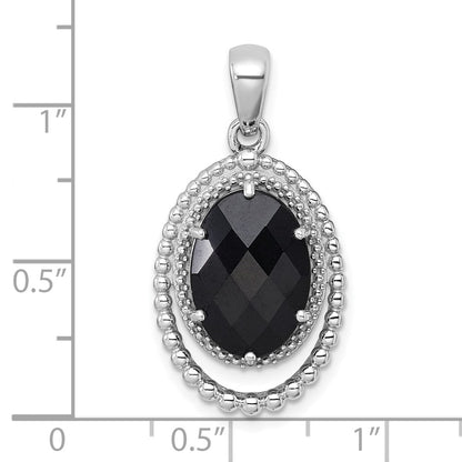 Sterling Silver Rhodium Plated Polished and Beaded Fancy Black Onyx Oval Pendant