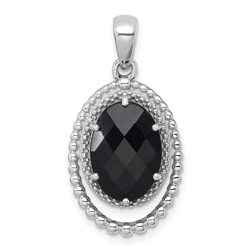 Sterling Silver Rhodium Plated Polished and Beaded Fancy Black Onyx Oval Pendant