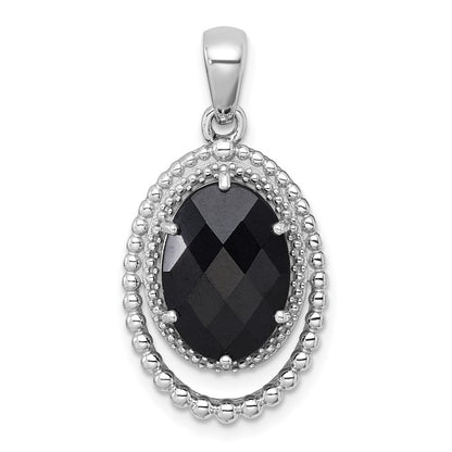 Sterling Silver Rhodium Plated Polished and Beaded Fancy Black Onyx Oval Pendant