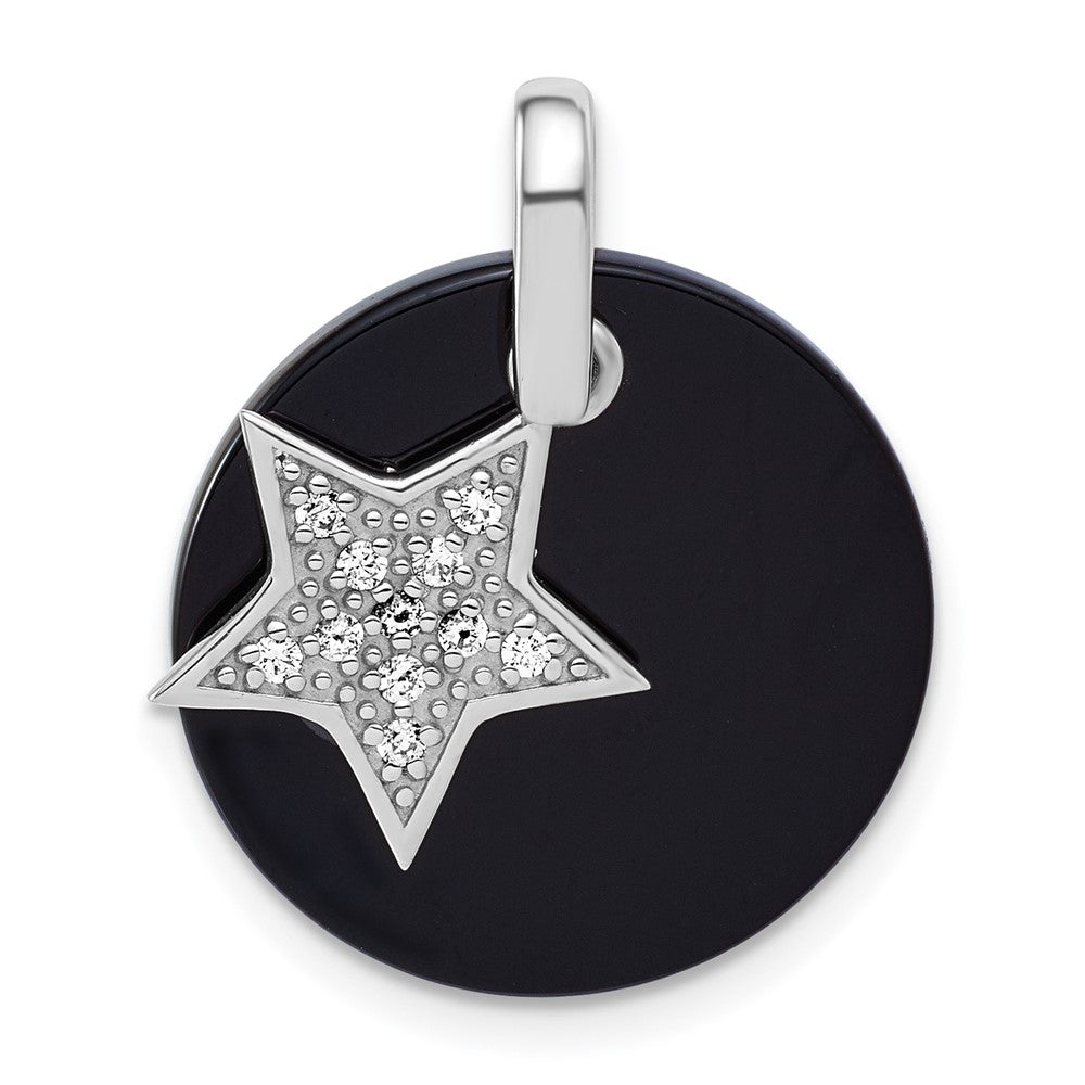 Sterling Silver Rhodium Plated Polished Onyx and CZ Star Circle Pendant