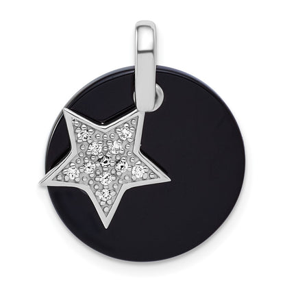 Sterling Silver Rhodium Plated Polished Onyx and CZ Star Circle Pendant