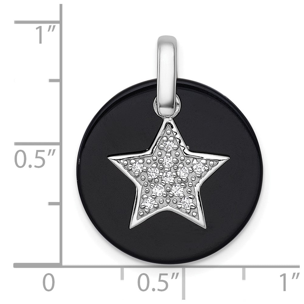 Sterling Silver Rhodium Plated Polished Onyx and CZ Star Circle Pendant
