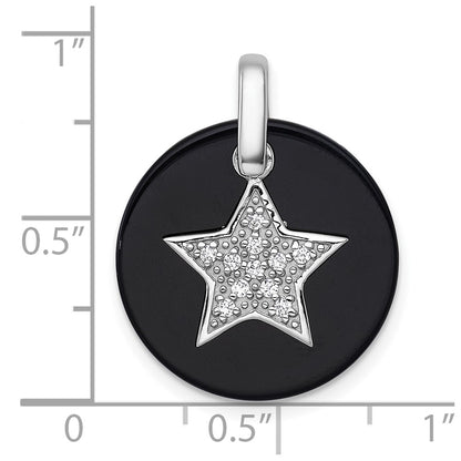 Sterling Silver Rhodium Plated Polished Onyx and CZ Star Circle Pendant