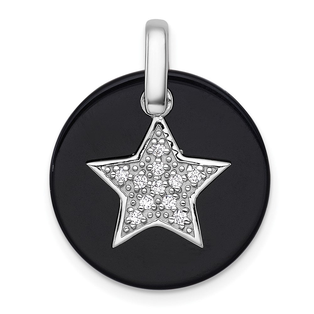 Sterling Silver Rhodium Plated Polished Onyx and CZ Star Circle Pendant