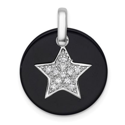 Sterling Silver Rhodium Plated Polished Onyx and CZ Star Circle Pendant