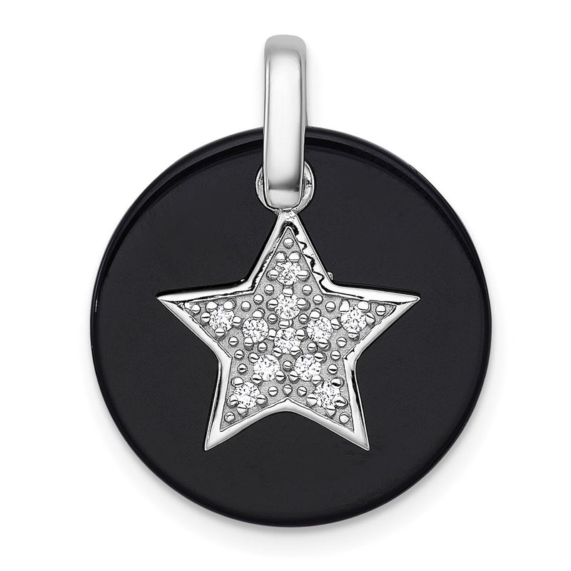 Sterling Silver Rhodium Plated Polished Onyx and CZ Star Circle Pendant