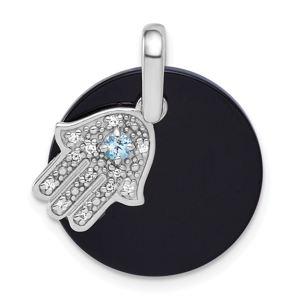 Sterling Silver Rhodium Plated Polished Lsbt CZ and Onyx Hamsa Circle Pendant