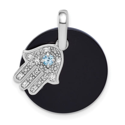 Sterling Silver Rhodium Plated Polished Lsbt CZ and Onyx Hamsa Circle Pendant