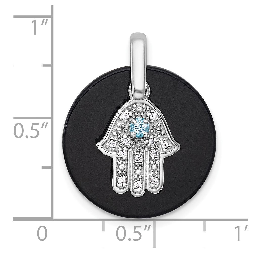 Sterling Silver Rhodium Plated Polished Lsbt CZ and Onyx Hamsa Circle Pendant