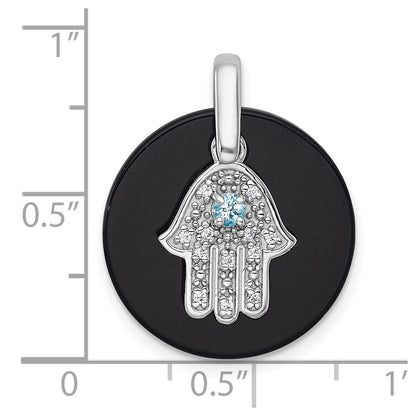 Sterling Silver Rhodium Plated Polished Lsbt CZ and Onyx Hamsa Circle Pendant