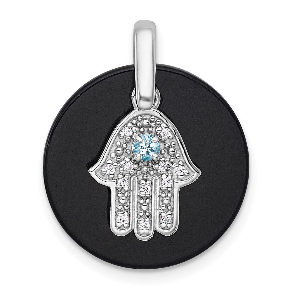Sterling Silver Rhodium Plated Polished Lsbt CZ and Onyx Hamsa Circle Pendant