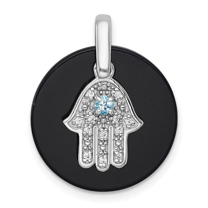 Sterling Silver Rhodium Plated Polished Lsbt CZ and Onyx Hamsa Circle Pendant