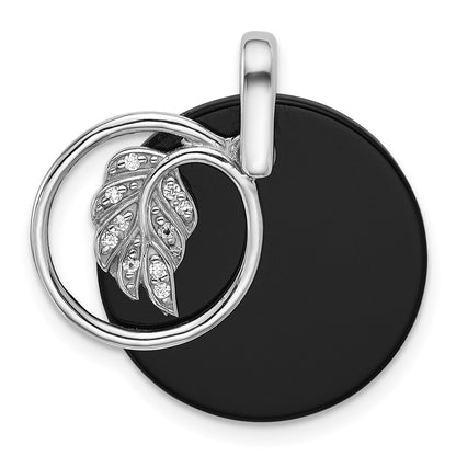 Sterling Silver Rhodium Plated Polished Onyx and CZ Leaf Circle Pendant