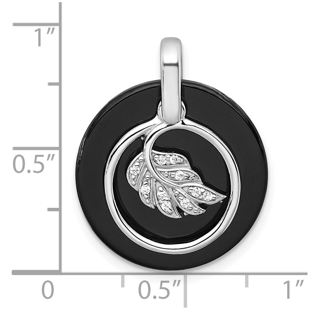 Sterling Silver Rhodium Plated Polished Onyx and CZ Leaf Circle Pendant