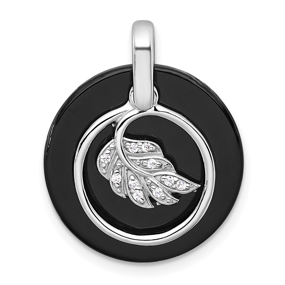 Sterling Silver Rhodium Plated Polished Onyx and CZ Leaf Circle Pendant