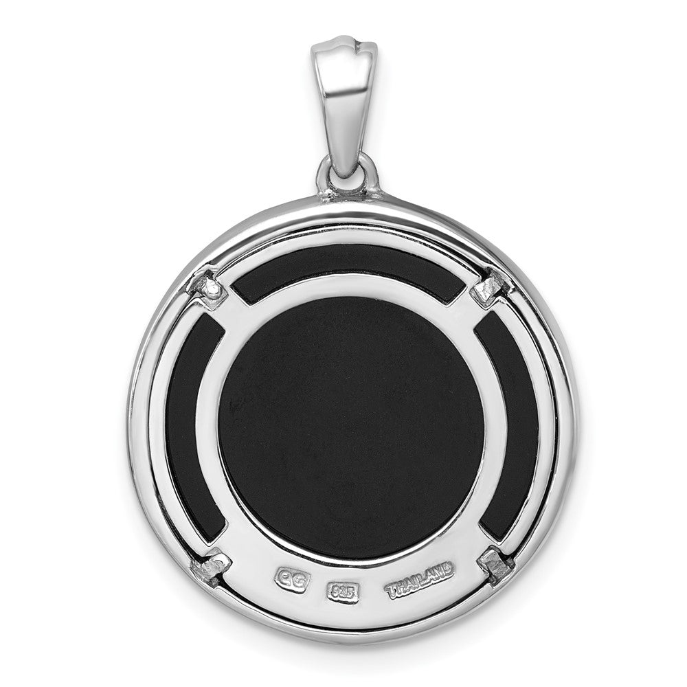 Sterling Silver Rhodium Plated Polished Onyx and CZ Leaf Circle Pendant