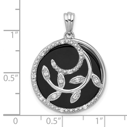 Sterling Silver Rhodium Plated Polished Onyx and CZ Leaf Circle Pendant