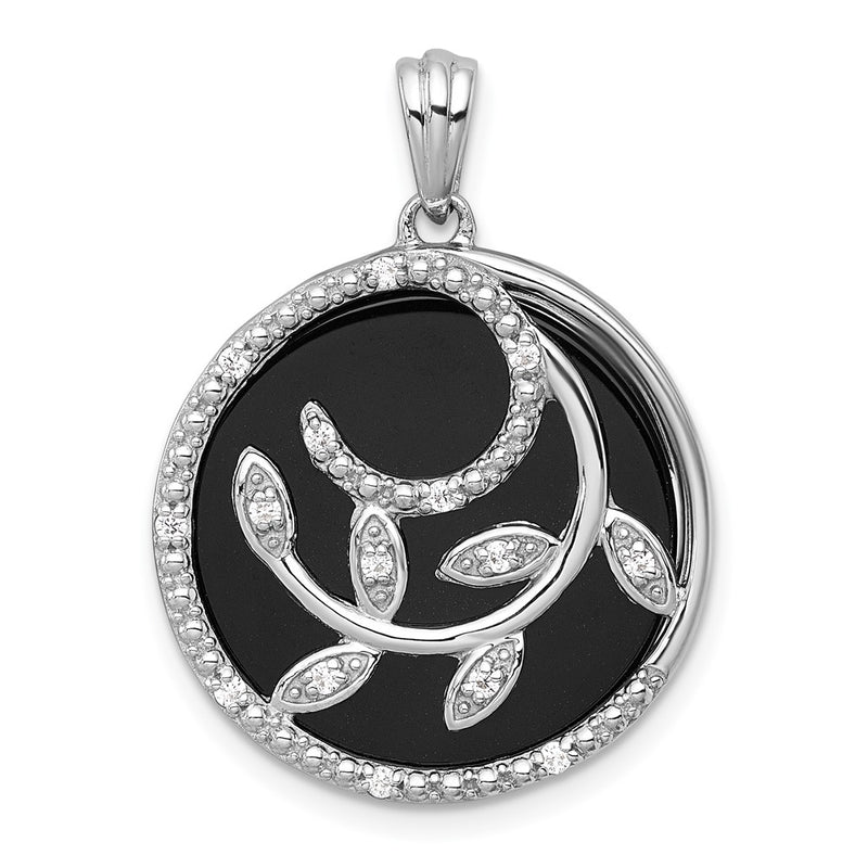 Sterling Silver Rhodium Plated Polished Onyx and CZ Leaf Circle Pendant