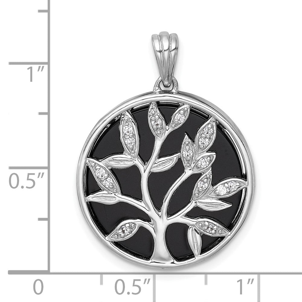 Sterling Silver Rhodium Plated Polished Onyx and CZ Tree of Life Pendant