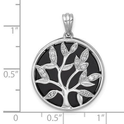 Sterling Silver Rhodium Plated Polished Onyx and CZ Tree of Life Pendant
