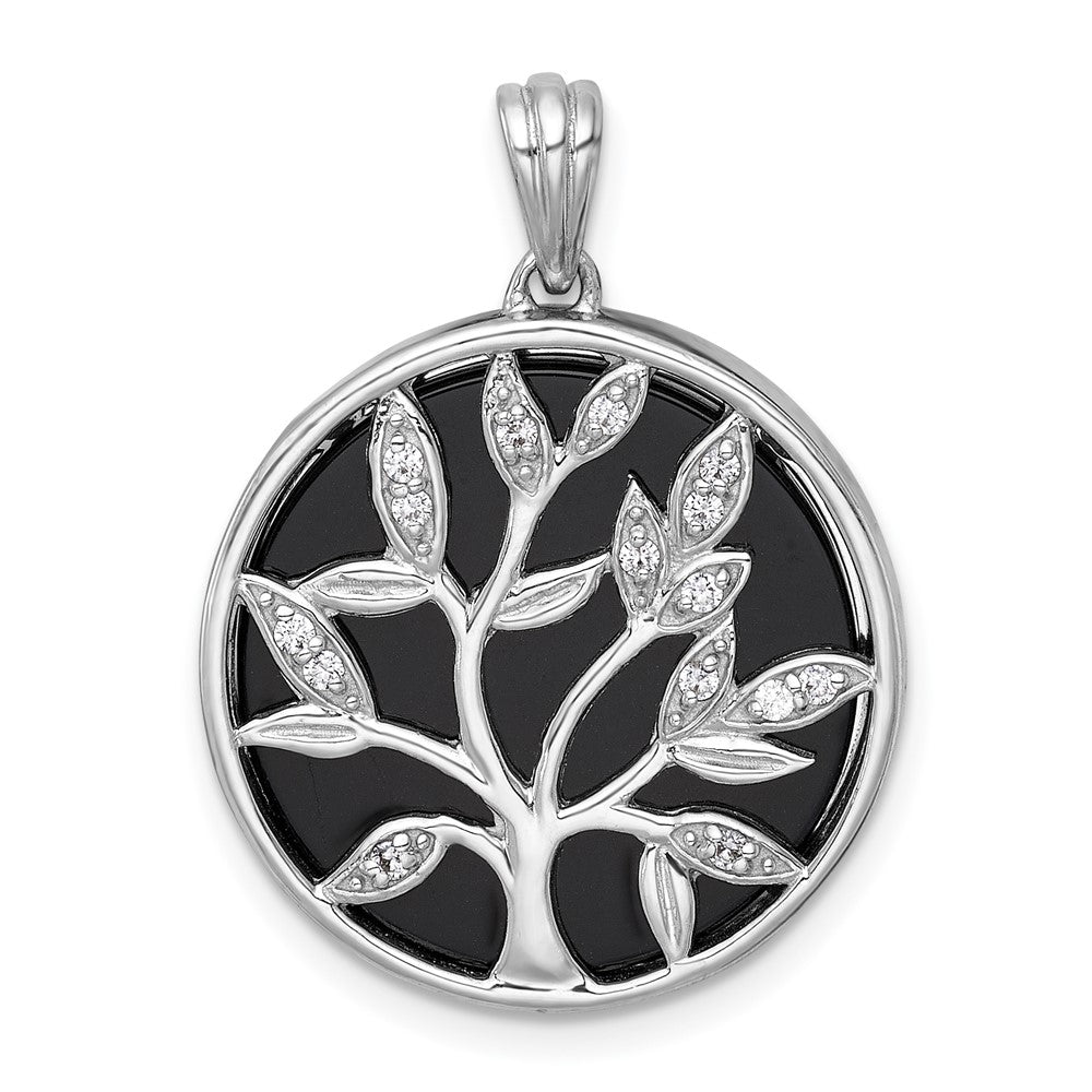 Sterling Silver Rhodium Plated Polished Onyx and CZ Tree of Life Pendant