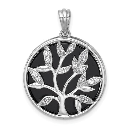 Sterling Silver Rhodium Plated Polished Onyx and CZ Tree of Life Pendant