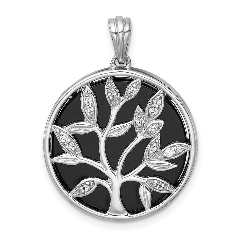 Sterling Silver Rhodium Plated Polished Onyx and CZ Tree of Life Pendant
