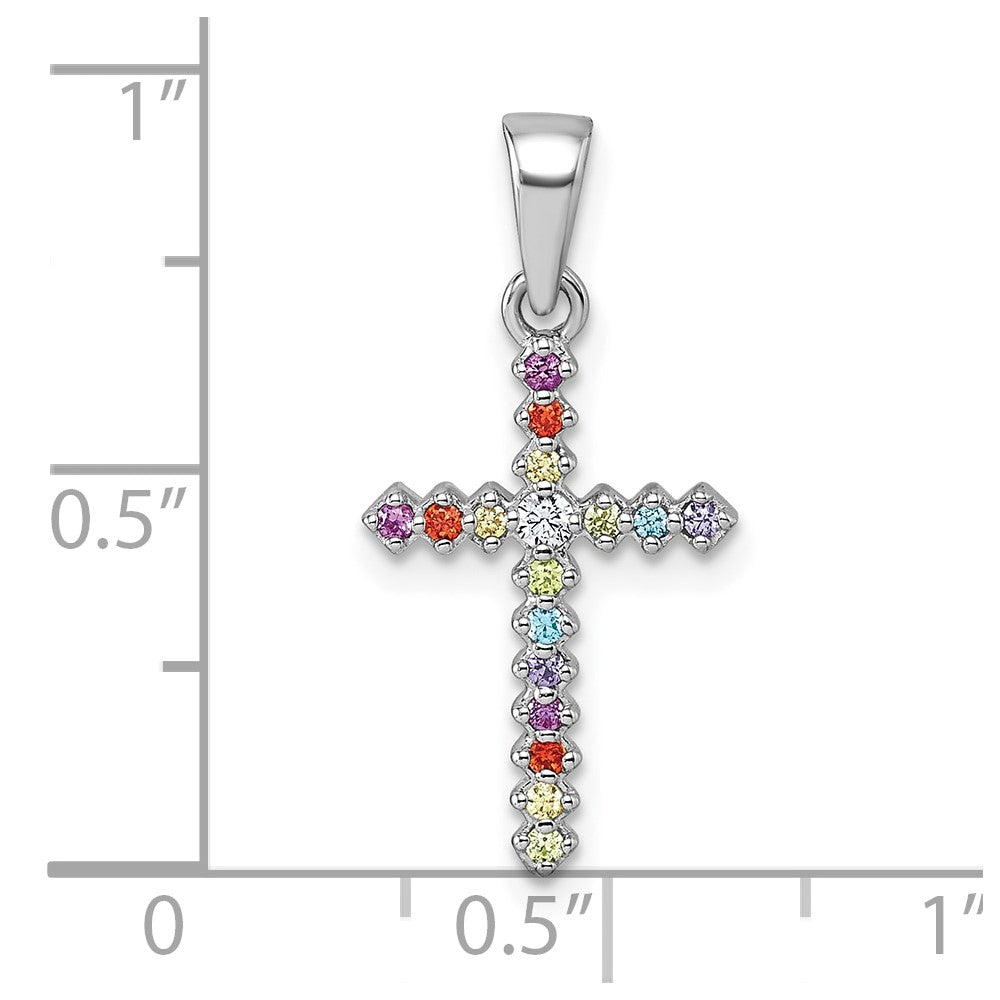 Sterling Silver Rhodium Plated Children's Multi Color CZ Cross Pendant